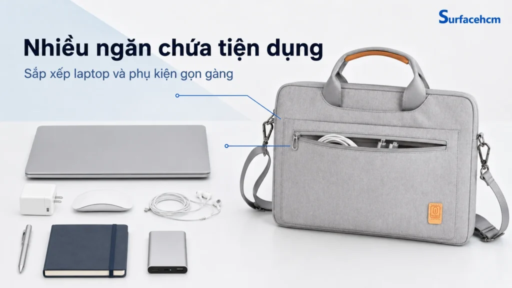 Các ngăn chứa phụ kiện trên túi WiWU Pioneer Shoulder