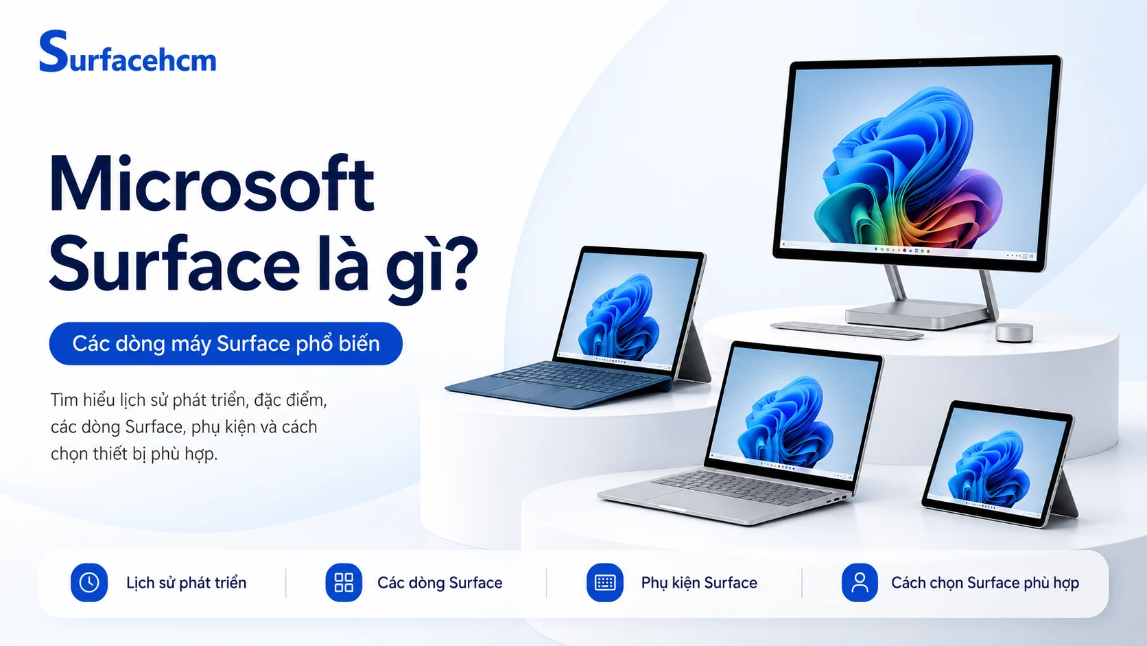 Microsoft Surface là gì? Các dòng máy Surface phổ biến gồm Surface Pro, Surface Laptop, Surface Studio và Surface Go