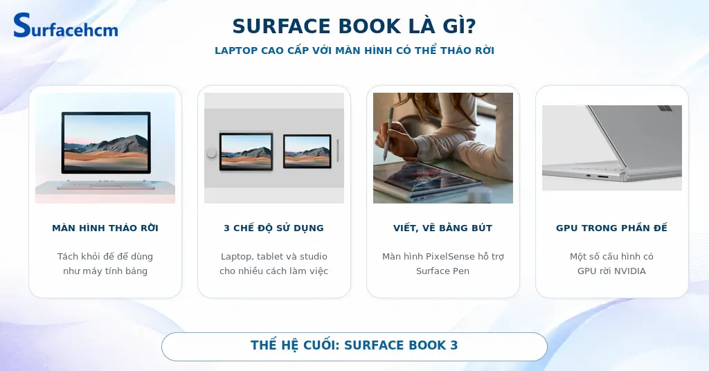 Surface Book là dòng laptop 2 trong 1 cao cấp của Microsoft với màn hình tháo rời và ba chế độ laptop, tablet, studio.