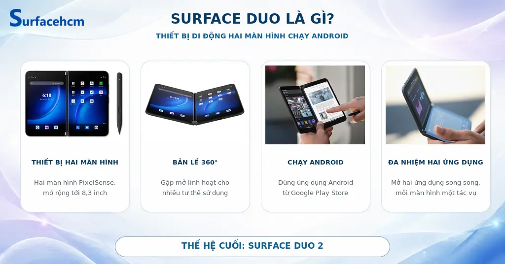 Surface Duo là thiết bị di động hai màn hình chạy Android của Microsoft với bản lề 360 độ và khả năng mở hai ứng dụng cùng lúc.