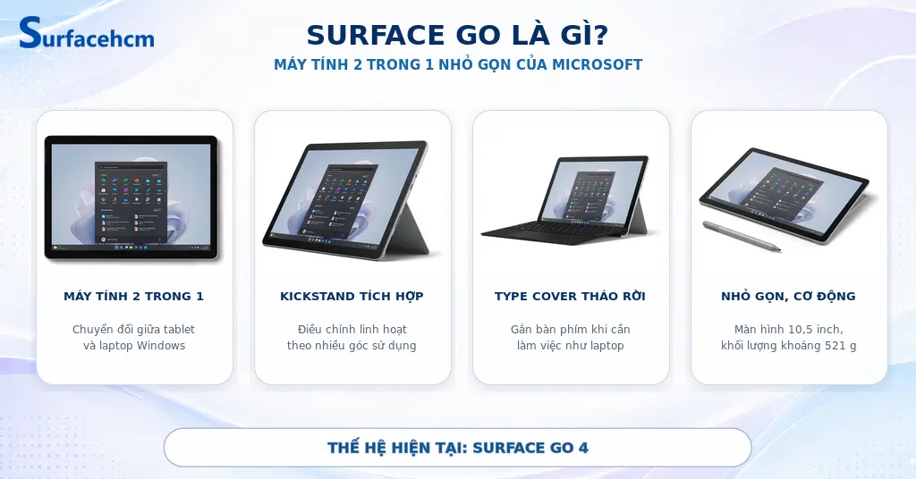 Surface Go là máy tính 2 trong 1 nhỏ gọn của Microsoft với màn hình cảm ứng, chân đế Kickstand và bàn phím Type Cover tháo rời.