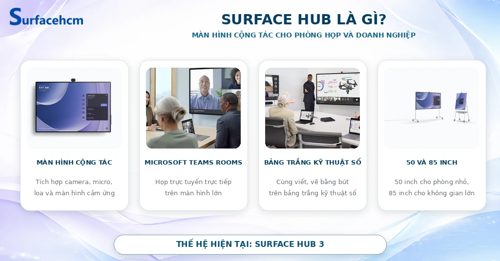 Surface Hub là màn hình cảm ứng cộng tác dành cho phòng họp và doanh nghiệp, hỗ trợ Microsoft Teams Rooms, bảng trắng kỹ thuật số và bút cảm ứng.