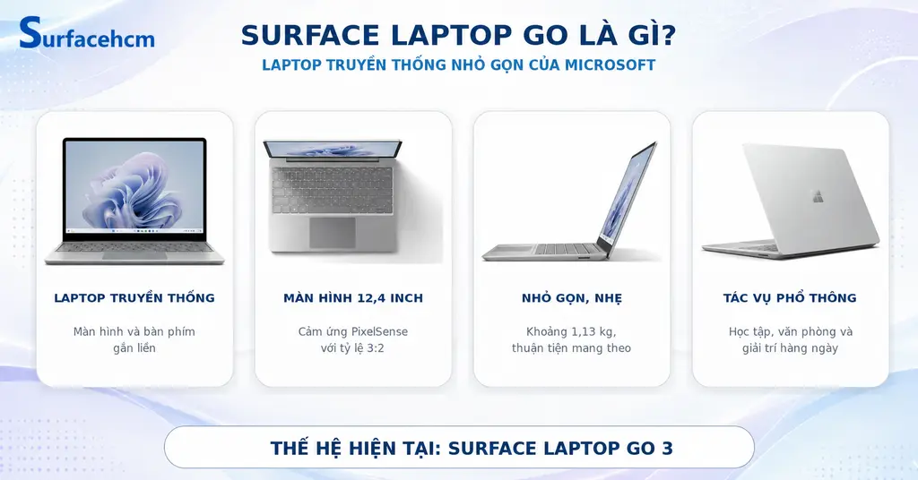 Surface Laptop Go là dòng laptop truyền thống nhỏ gọn của Microsoft với màn hình cảm ứng 12,4 inch và bàn phím gắn liền.