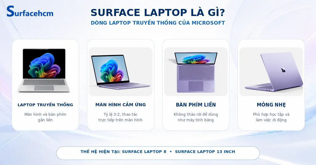 Surface Laptop là dòng laptop truyền thống của Microsoft với màn hình cảm ứng, bàn phím gắn liền và thiết kế mỏng nhẹ.