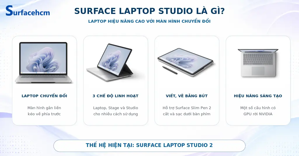 Surface Laptop Studio là dòng laptop chuyển đổi hiệu năng cao của Microsoft với ba chế độ Laptop, Stage và Studio.