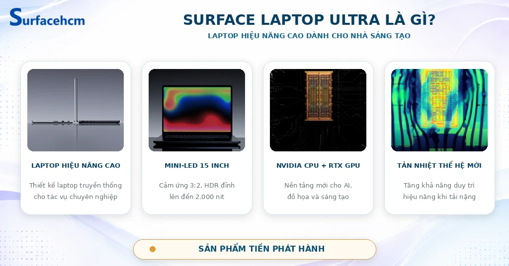Surface Laptop Ultra là sản phẩm tiền phát hành của Microsoft với màn hình mini-LED 15 inch, nền tảng NVIDIA CPU và RTX GPU.