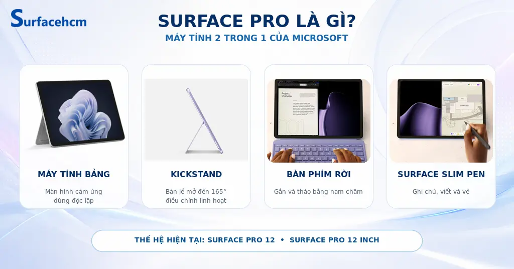 Surface Pro là máy tính 2 trong 1 với màn hình cảm ứng, chân đế Kickstand, bàn phím tháo rời và hỗ trợ Surface Pen.