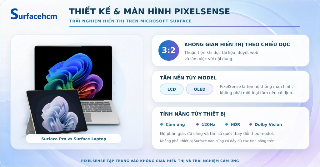 Thiết kế và màn hình PixelSense trên Surface Pro và Surface Laptop với tỷ lệ 3:2, tấm nền LCD hoặc OLED tùy model.