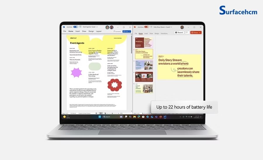 Pin Surface Laptop 5G cho thời gian sử dụng hơn 20 giờ, hỗ trợ sạc nhanh 30 phút đạt 50%.