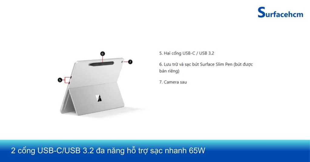 Surface Pro 12 inch dùng 2 cổng kết nối hỗ trợ sạc nhanh