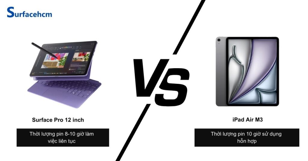 So sánh thời lượng pin của Surface Pro 12 inch và iPad Air M3