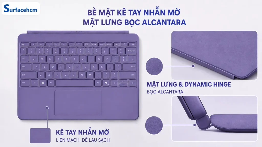 Bề mặt kê tay nhẵn mờ và mặt lưng Alcantara của bàn phím Surface Pro 12 inch
