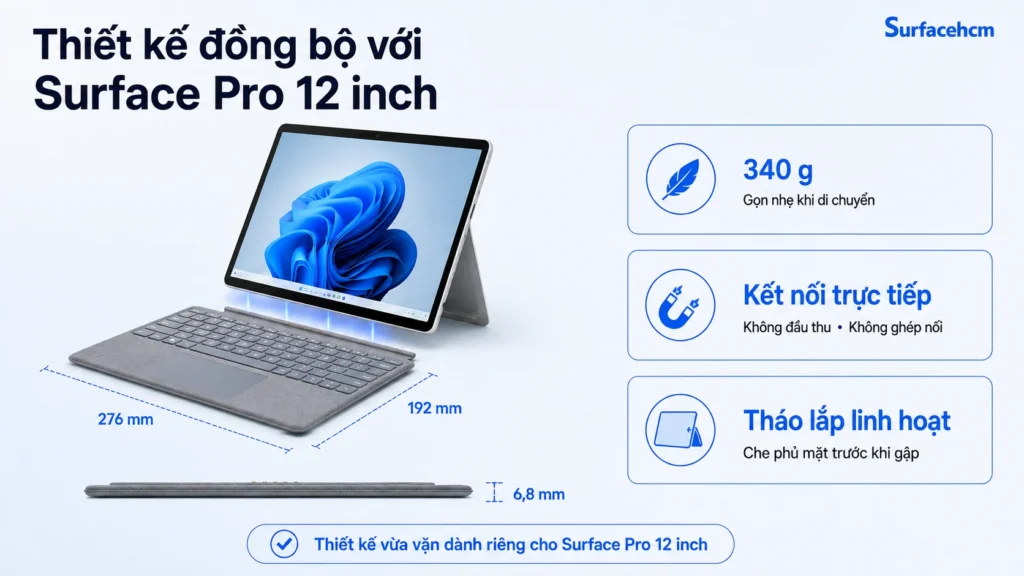Thiết kế bàn phím Surface Pro 12 inch kích thước 276 × 192 × 6,8 mm, nặng 340 g