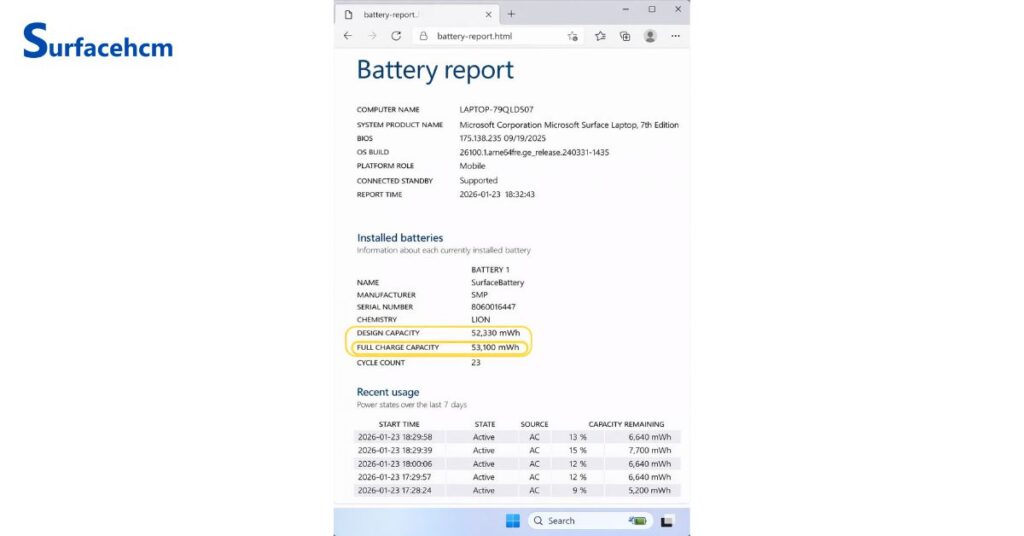 Kiểm tra tình trạng surface không vào pin bằng lệnh powercfg report