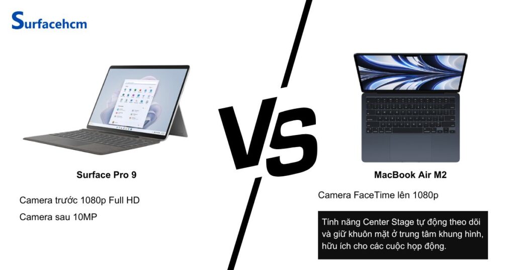 Camera Surface Pro 9 đa năng hơn Macbook Air M2 với camera sau 10MP quay 4k.