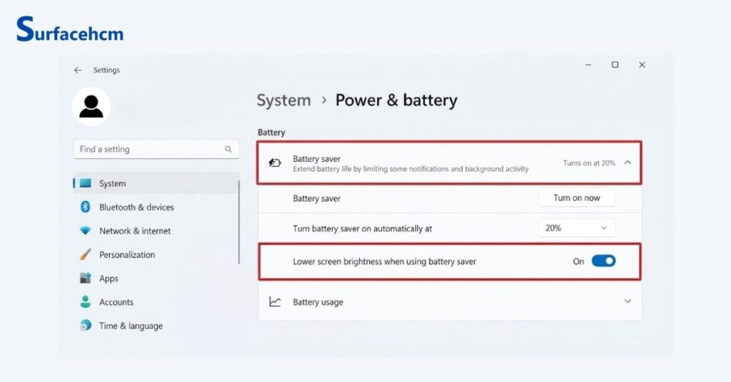 Tiết kiệm pin laptop surface bằng Battery Saver trên Windows 11