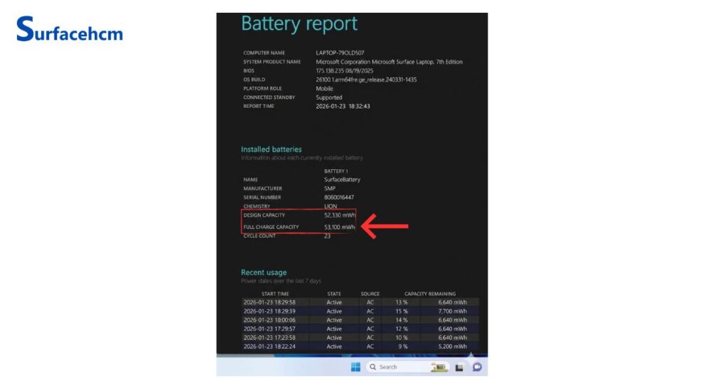 Kiểm tra sức khỏe pin Surface bằng battery report windows 11