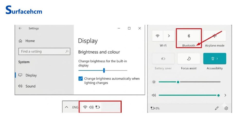 Tiết kiệm pin laptop Surface bằng cách tắt nhanh wifi, bluetooth tại Action center hoặc trong setting