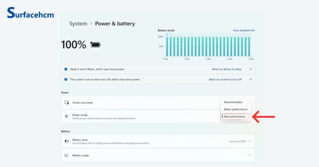 Chọn chế độ Best Power Efficiency để tiết kiệm pin cho laptop Surface