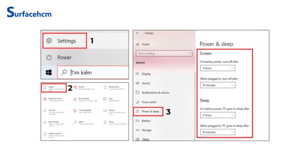 Tiết kiệm pin laptop Surface nhờ rút ngắn Screen timeout và slepp