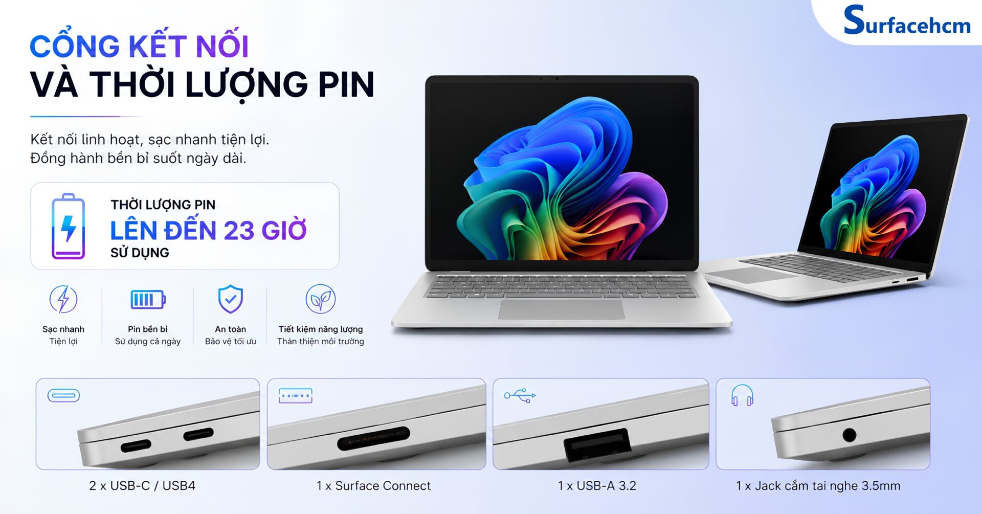 Surface Laptop 8 được trang bị nhiều cổng kết nối hiện đại và thời lượng pin lên đến 23 giờ sử dụng