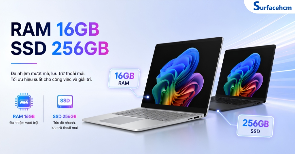 RAM LPDDR5x 16GB Và SSD PCIe Gen4 256GB Đáp Ứng Tốt Nhu Cầu Đa Nhiệm
