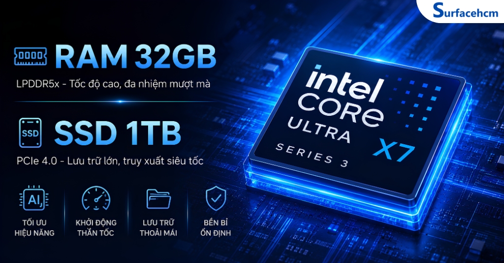 RAM 32GB LPDDR5x Và SSD 1TB Cho Khả Năng Đa Nhiệm Vượt Trội