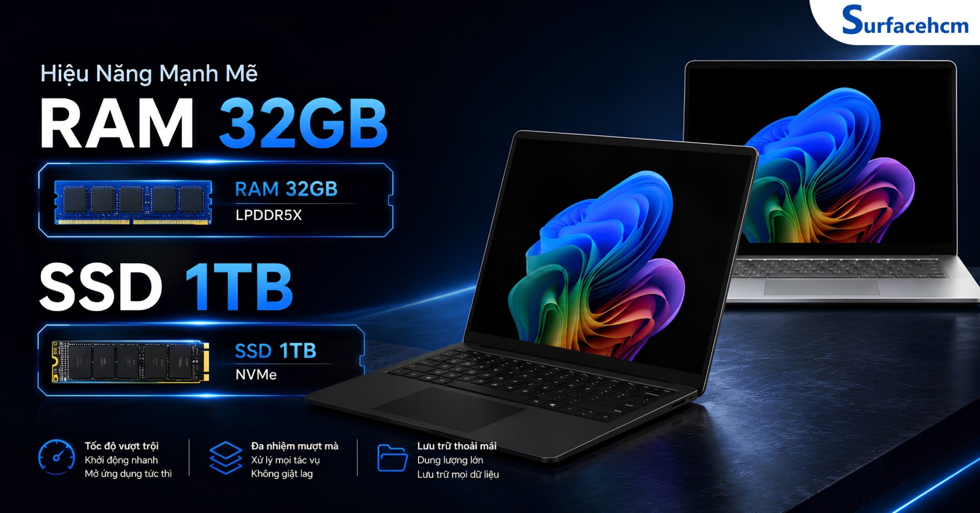 RAM 32GB LPDDR5x Và SSD 1TB Cho Khả Năng Đa Nhiệm Mạnh Mẽ