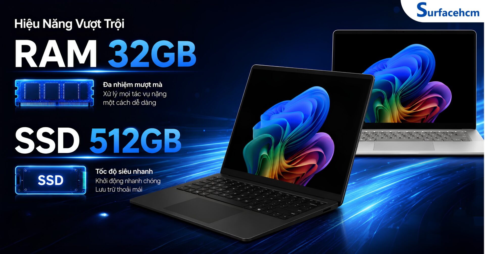 RAM 32GB LPDDR5x Và SSD 512GB Đáp Ứng Khối Lượng Công Việc Lớn