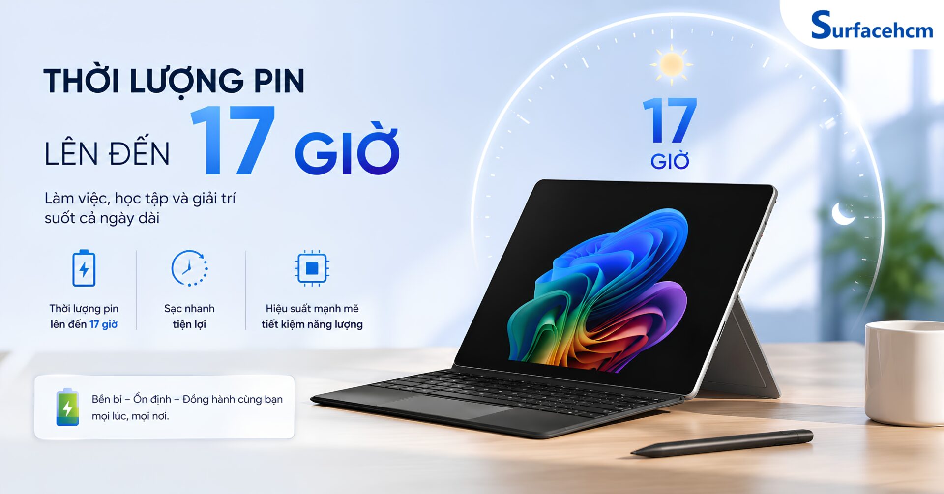 Thời Lượng Pin Lên Đến 17 Giờ Đồng Hành Suốt Ngày Làm Việc