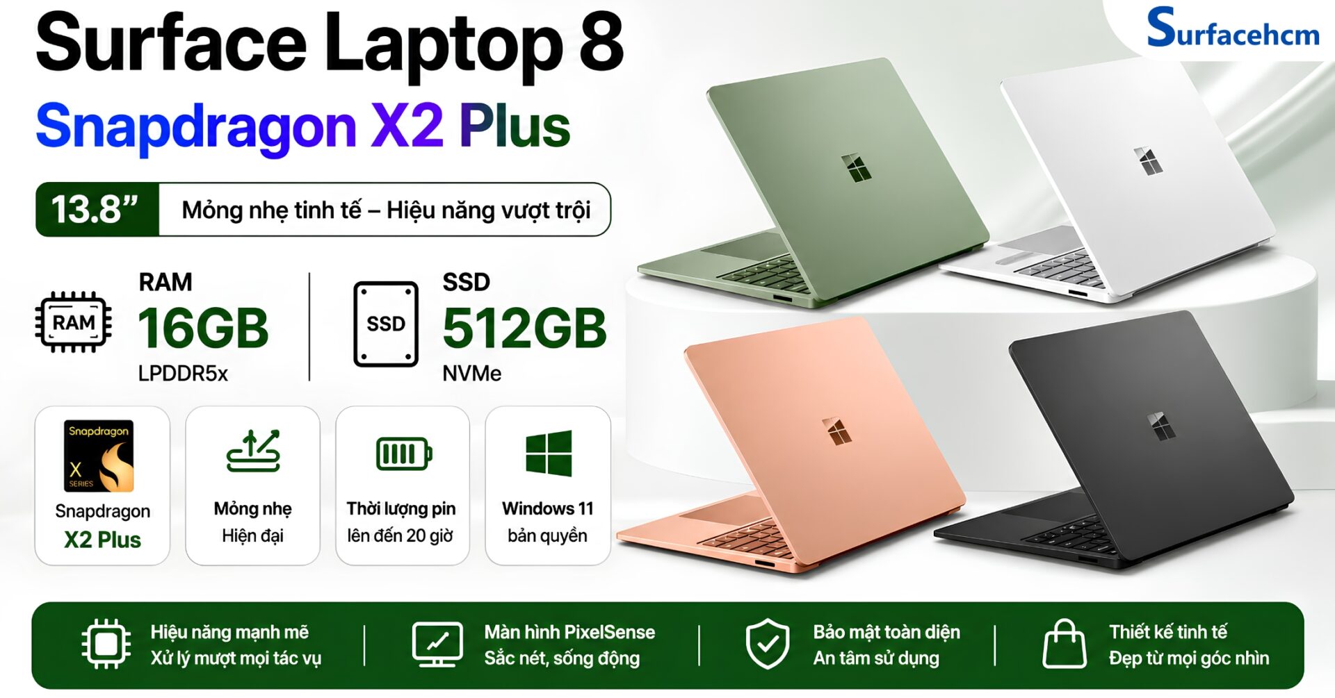 Surface Laptop 8 Snapdragon X2 Plus 16GB 512GB 13.8” Chính Hãng