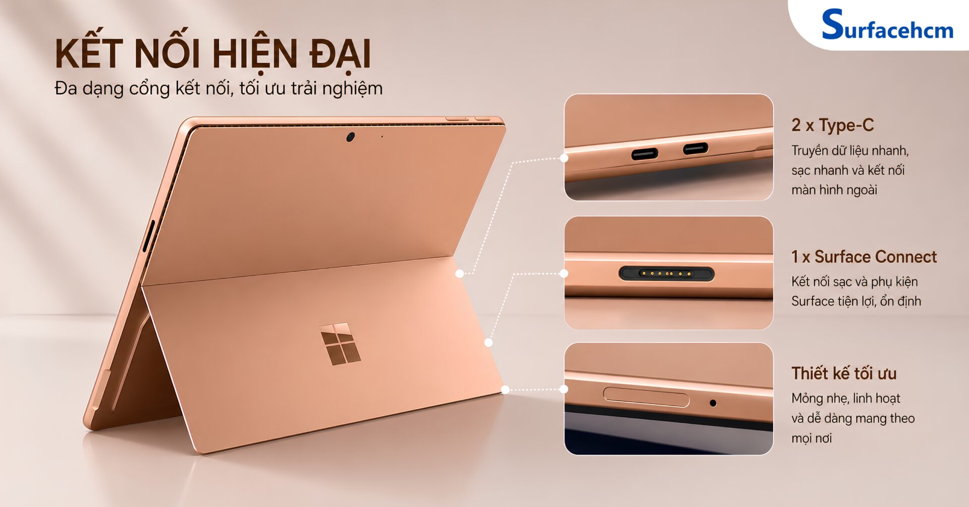 Surface Pro 12 Snapdragon X2 Plus được Microsoft trang bị hệ thống kết nối hiện đại nhằm đáp ứng xu hướng làm việc linh hoạt