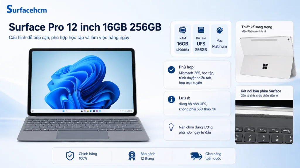 Surface Pro 12 inch Snapdragon X Plus 16GB 256GB phù hợp cho học tập và công việc văn phòng.