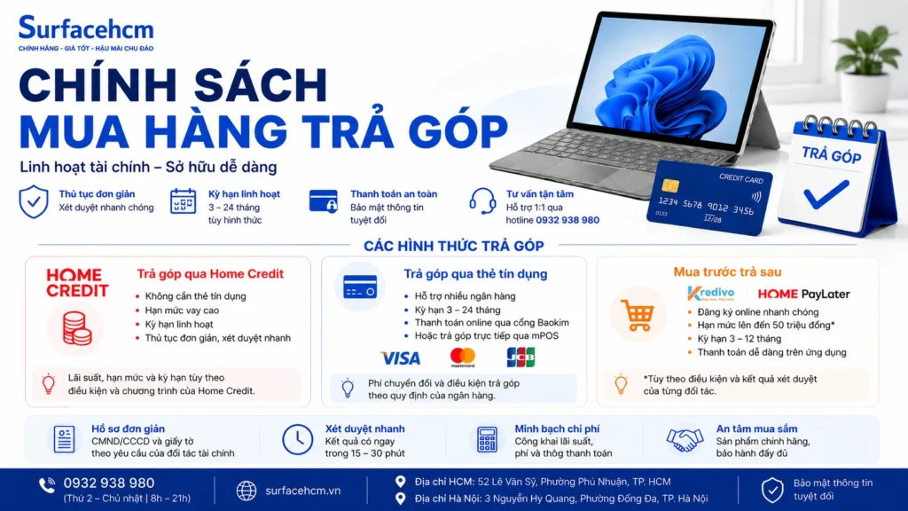 Chính sách mua hàng trả góp tại Surfacehcm với nhiều hình thức linh hoạt