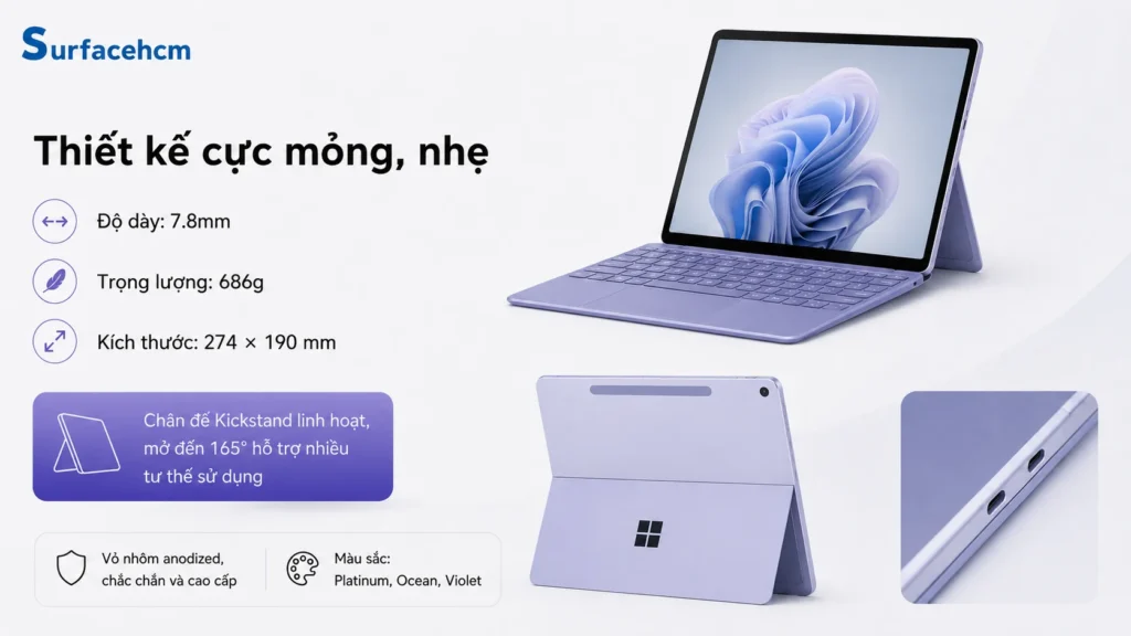 Surface Pro 12 inch có thiết kế mỏng 7.8mm và trọng lượng chỉ 686g.