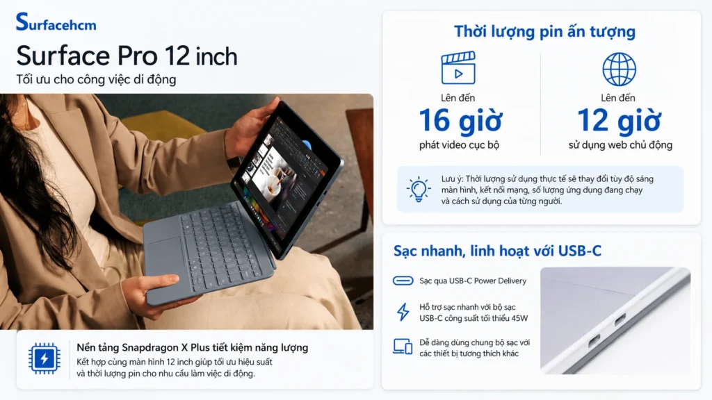 Surface Pro 12 inch có pin khoảng 38Wh và thời lượng lên đến 16 giờ phát video theo công bố của Microsoft.