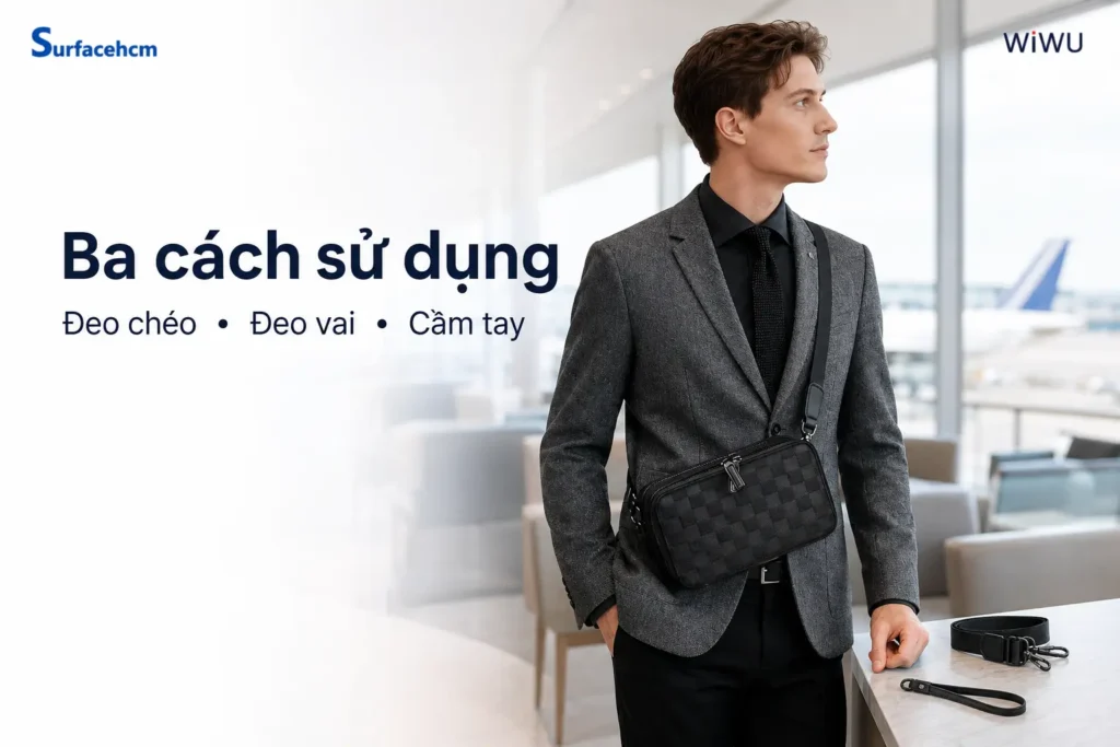 Người dùng đeo túi WiWU Master khóa vân tay tại sân bay