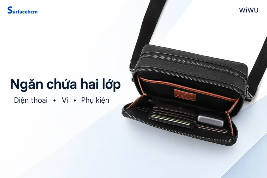 Ngăn chứa hai lớp của túi đeo chéo WiWU Master khóa vân tay