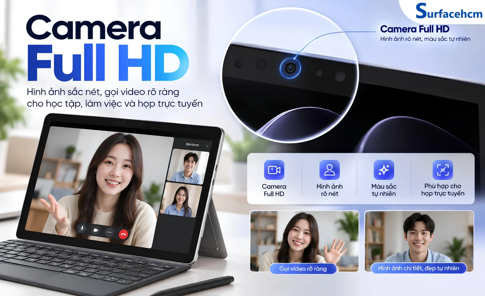 Surface Pro 12 inch được trang bị hệ thống camera đáp ứng tốt nhu cầu học tập, họp trực tuyến và làm việc từ xa