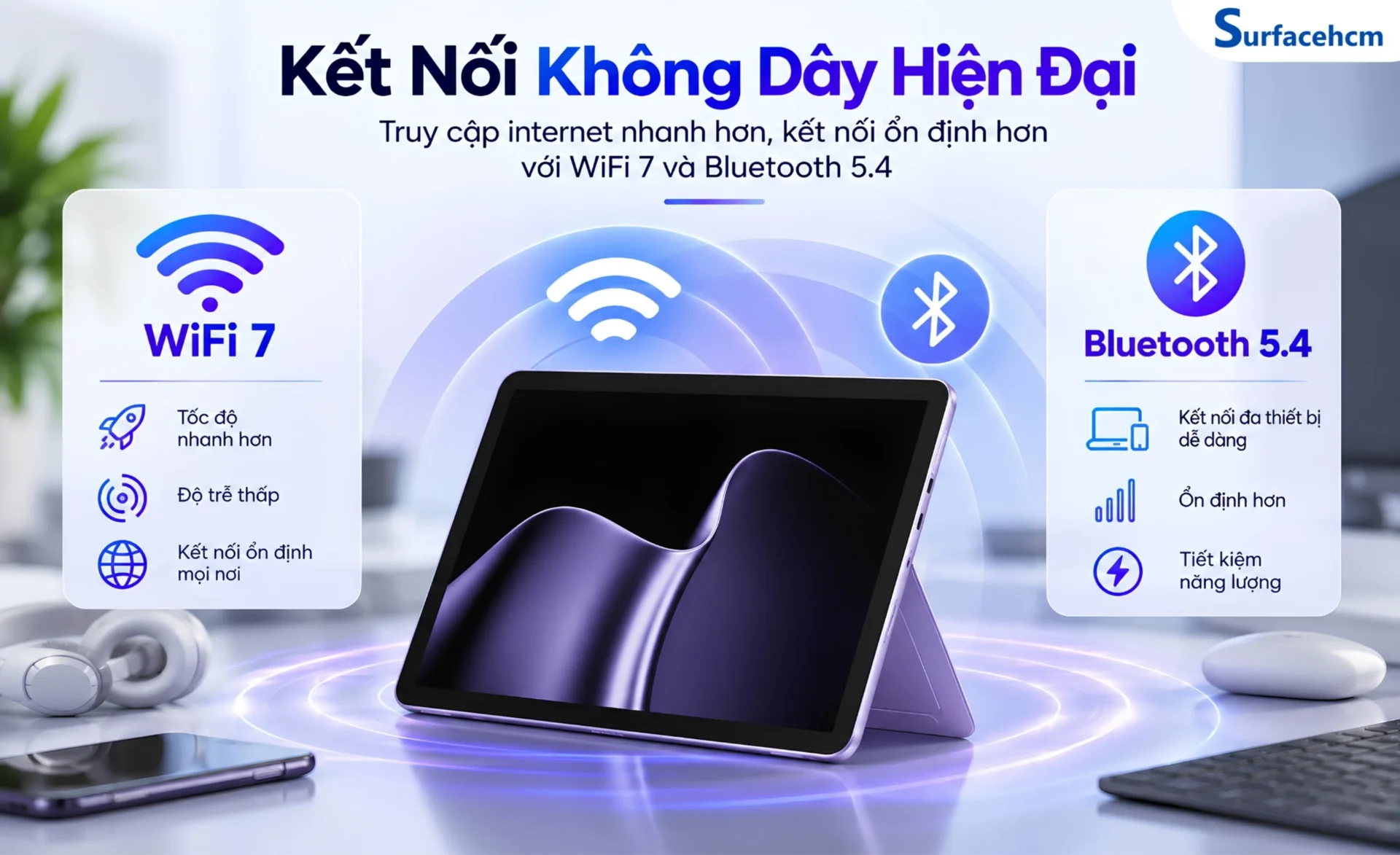 Khả năng kết nối không dây gồm Wi-Fi 7 và Bluetooth Core 5.4