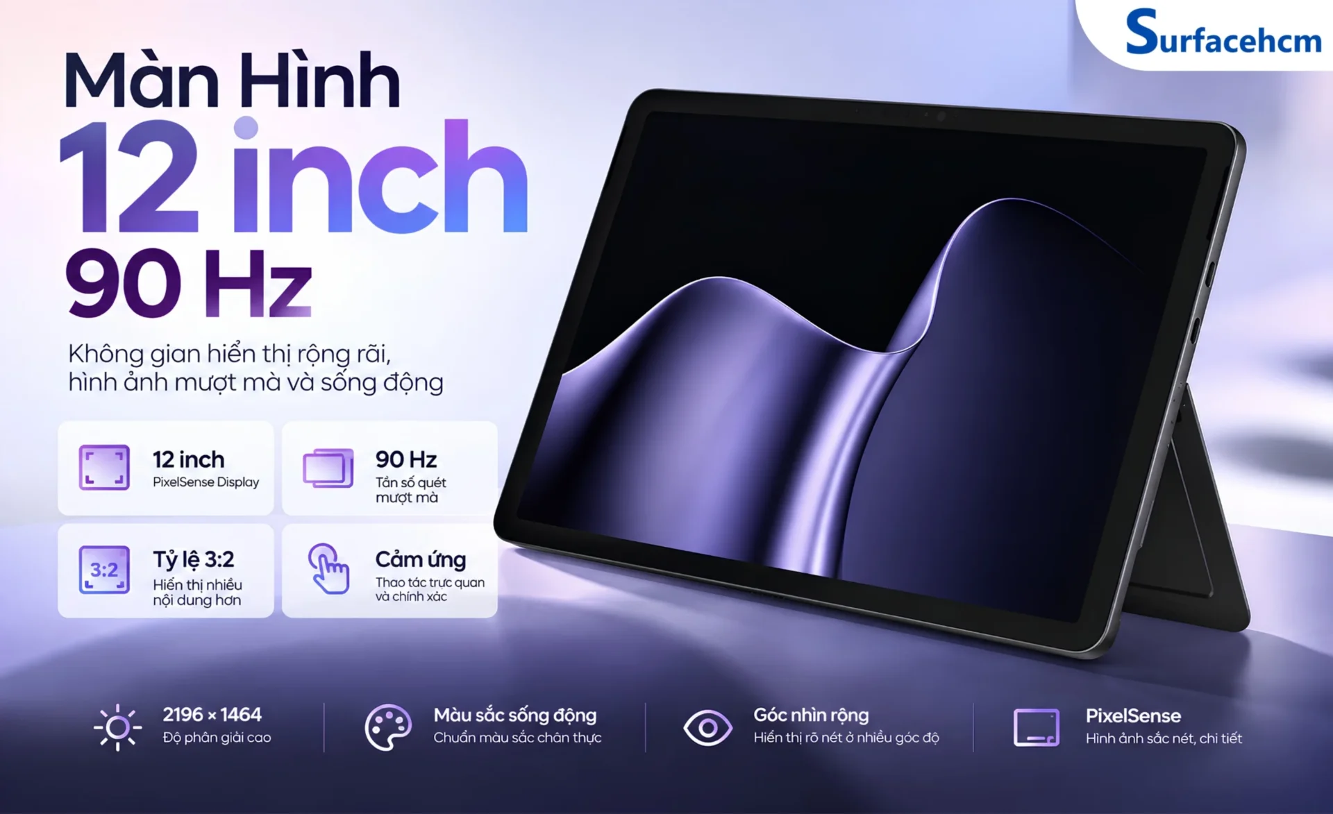 Surface Pro 12 inch được trang bị màn hình PixelSense LCD 12 inch, độ phân giải 2196 x 1464 pixel, mật độ điểm ảnh 220 PPI và tỷ lệ 3:2