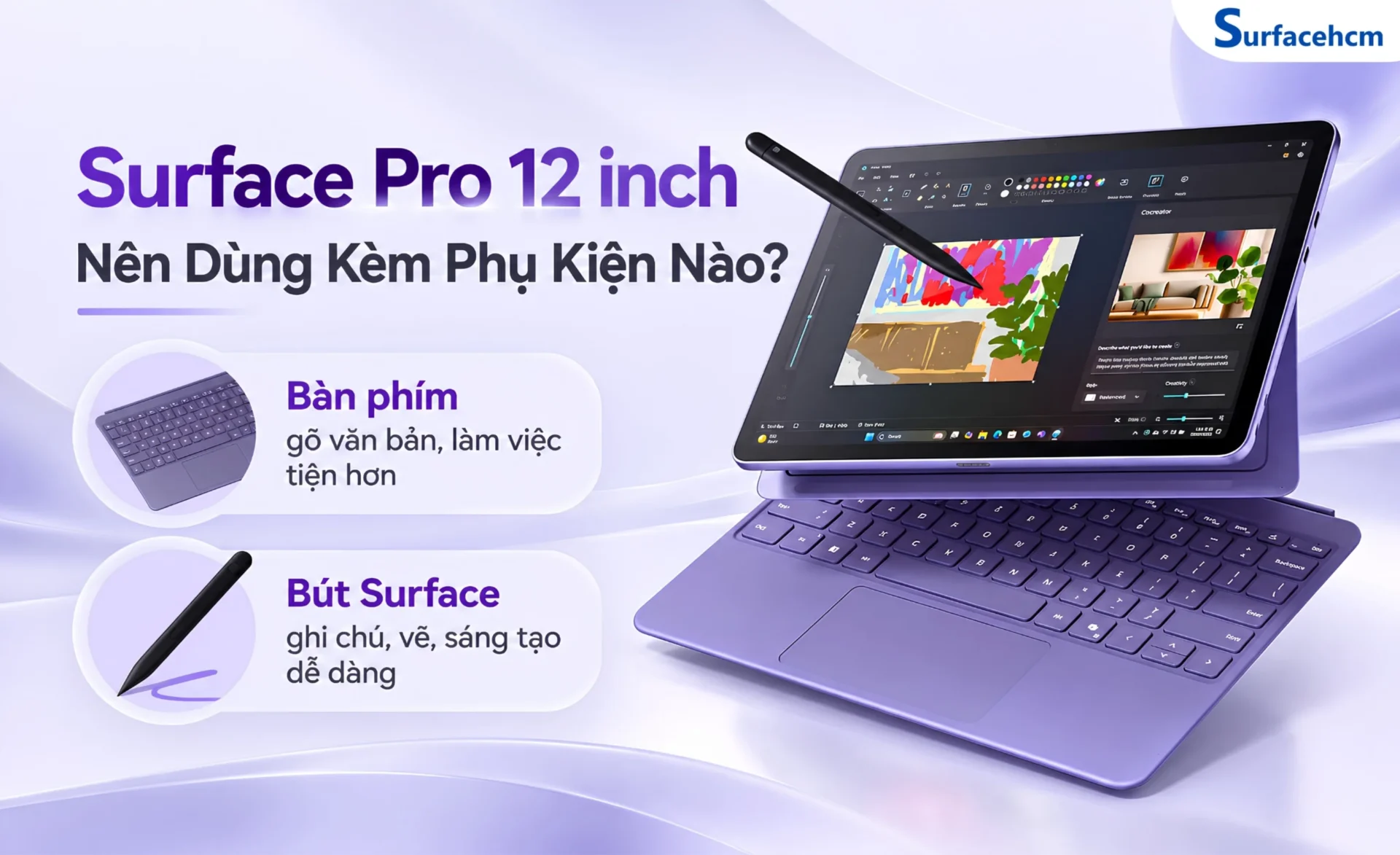 Surface Pro 12 inch có thể dùng kèm thêm bàn phím và bút