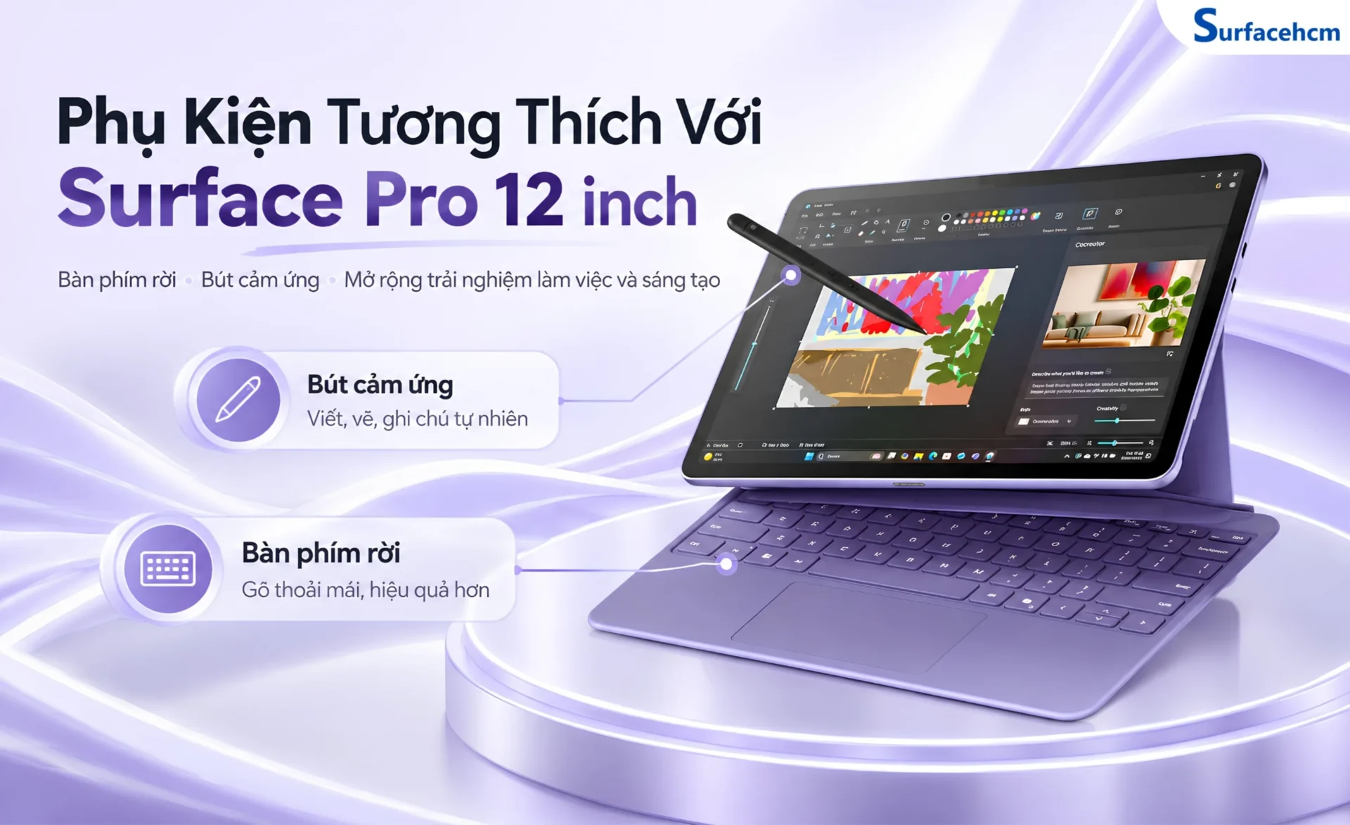Surface Pro 12 inch không đi kèm bàn phím và Surface Slim Pen, người dùng có thể mua thêm để sử dụng