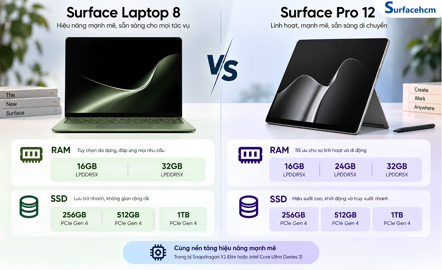 Tùy phiên bản Snapdragon hay Intel, kích thước màn hình và cấu hình được lựa chọn, Surface Pro 12 và Surface Laptop 8 có thể khác nhau về RAM, SSD, hệ điều hành và một số trang bị
