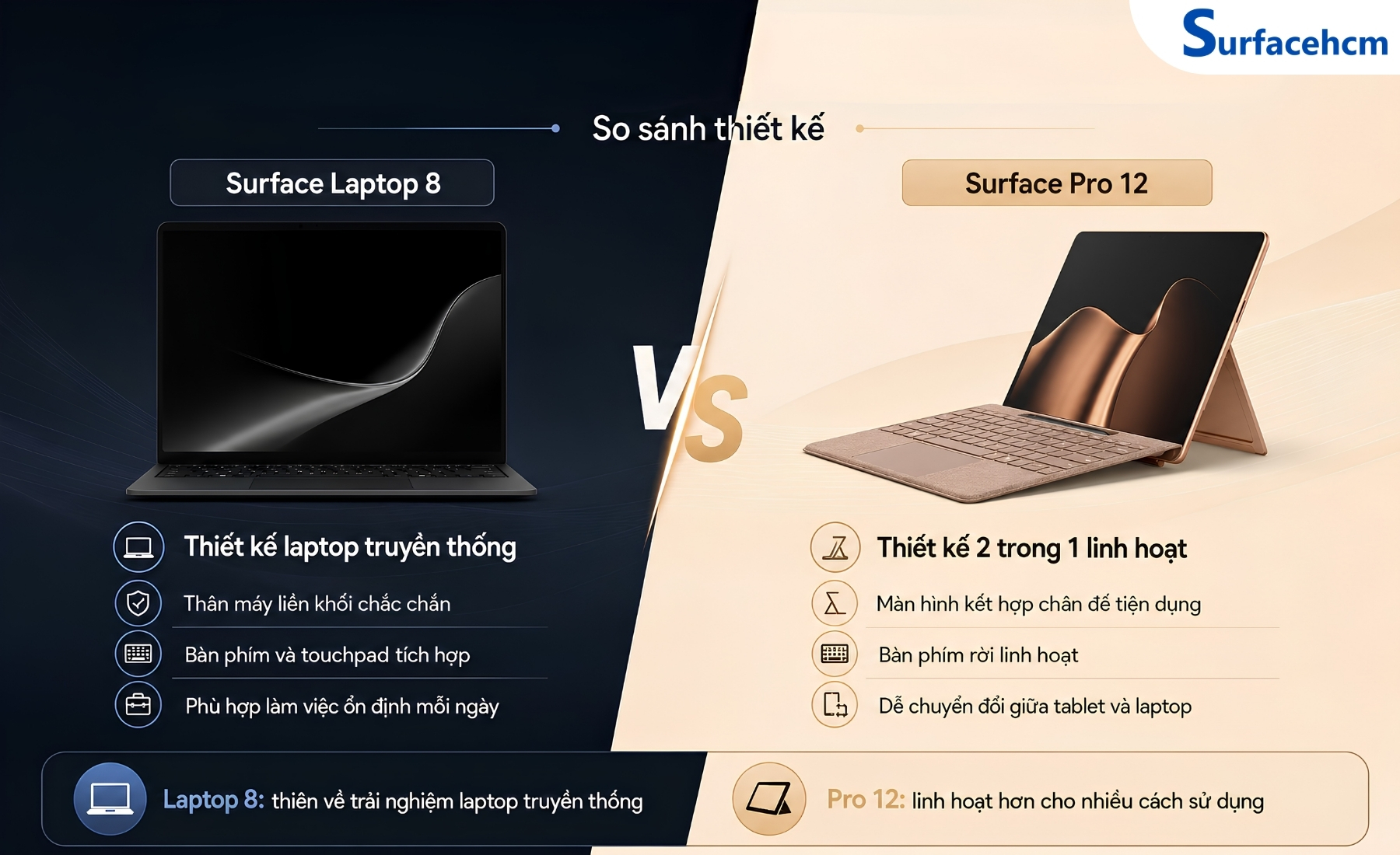 Thiết kế tablet 2-trong-1 và laptop truyền thống là khác biệt dễ nhận thấy nhất giữa Surface Pro 12 và Surface Laptop 8
