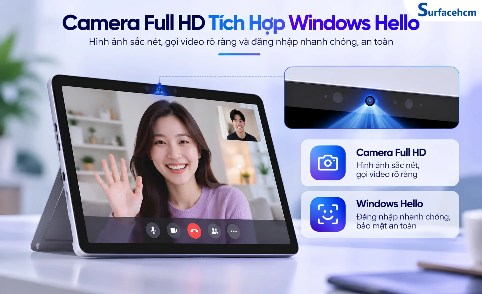 Surface Pro 12 inch sở hữu Surface Studio Camera 1080p Full HD, kết hợp với Windows Studio Effects
