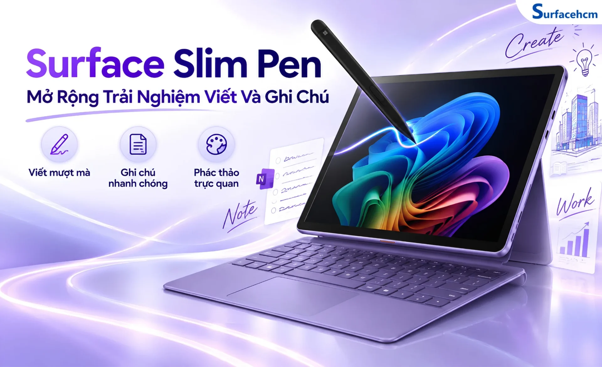 Màn hình Surface Pro 12 inch hỗ trợ Surface Slim Pen tương thích, cho phép viết tay, ghi chú, ký tài liệu hoặc phác thảo trực tiếp trên màn hình
