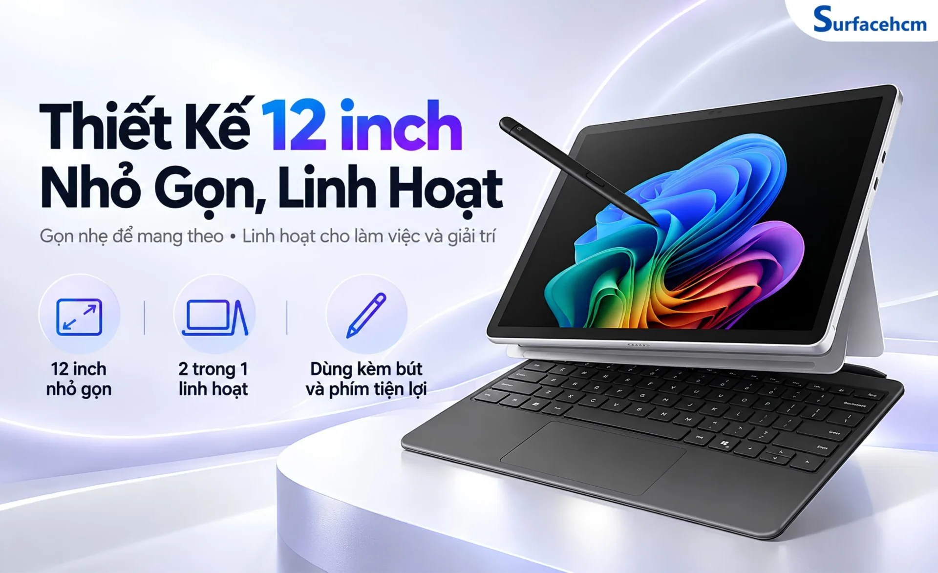 Surface Pro 12 inch nhỏ gọn, thân máy mỏng và kích thước màn hình vừa phải giúp thiết bị dễ mang theo
