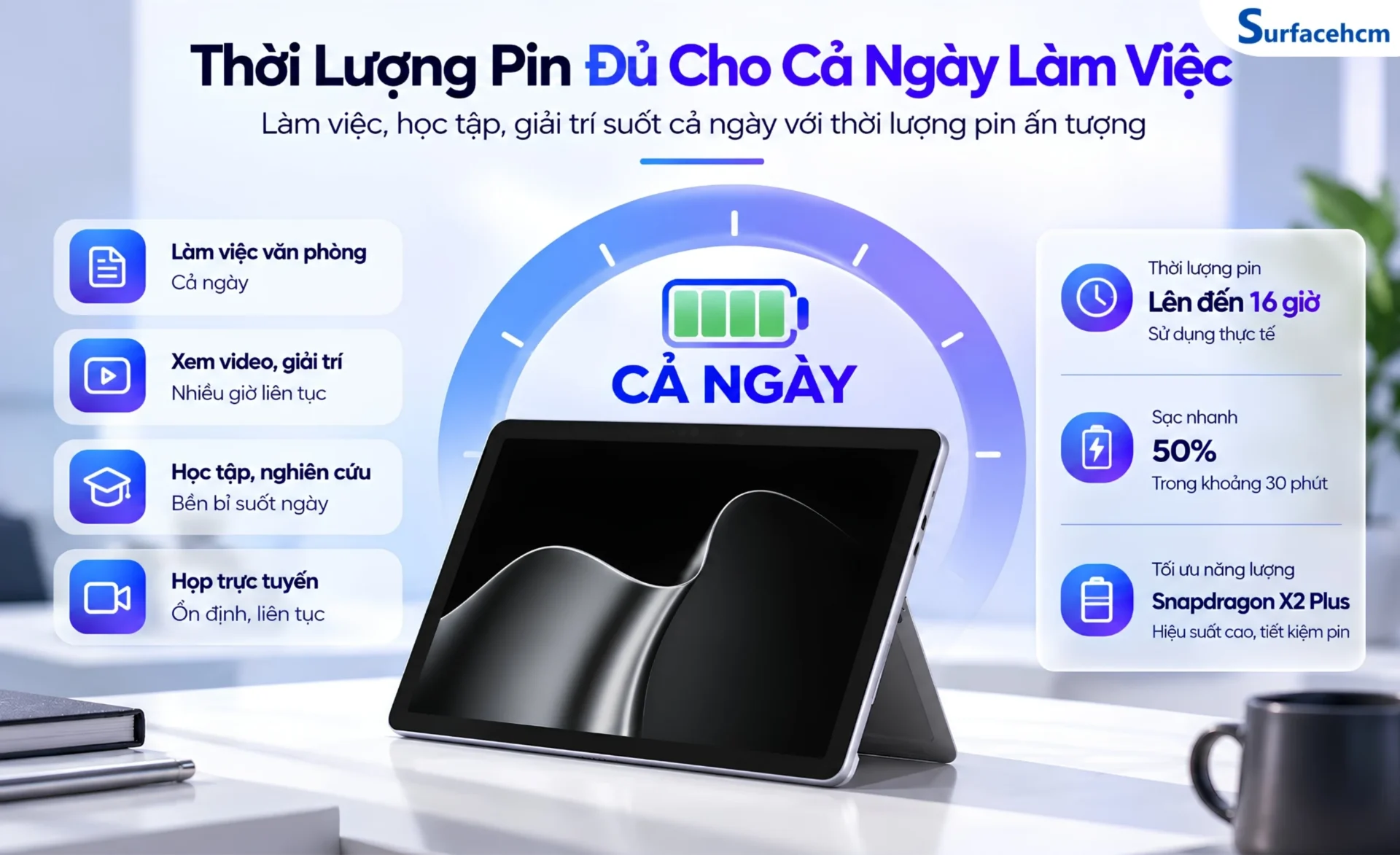 Surface Pro 12-inch thế hệ thứ 2 bản Wi-Fi có thời lượng pin công bố lên đến 15.5 giờ phát video cục bộ
