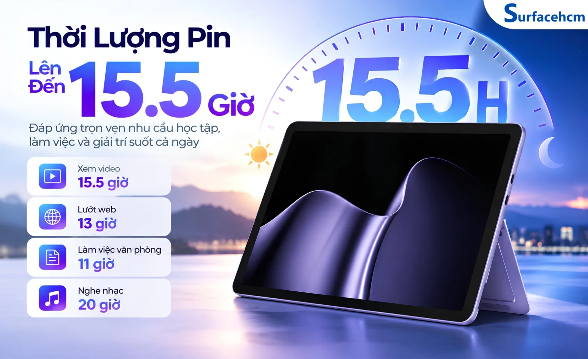 Surface Pro 12-inch thế hệ 2 bản Wi-Fi có thời lượng pin công bố lên đến 15.5 giờ